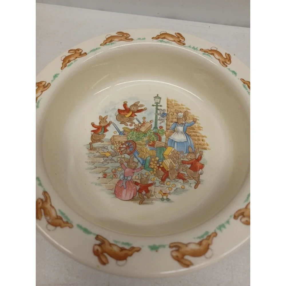 Vtg Royal Doulton Bunnykins Bowl Toppling the Fruit Cart Rabbit Bunny